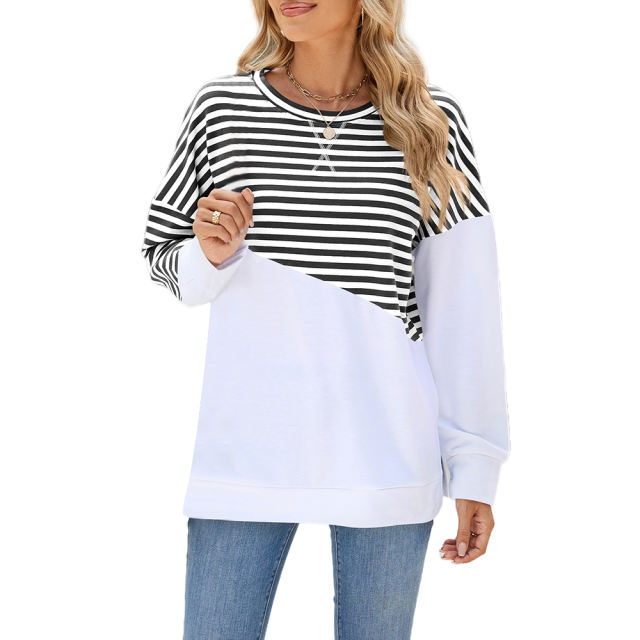 Black Striped Splicing Long Sleeve Sweatshirt