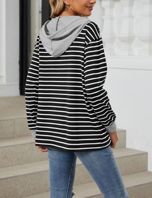 Black Striped Contrast Button-up Drawstring Hoodie