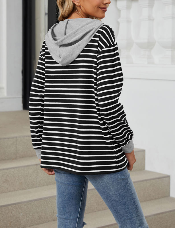 Black Striped Contrast Button-up Drawstring Hoodie