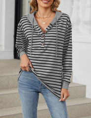 Light Gray Striped Contrast Button-up Drawstring Hoodie