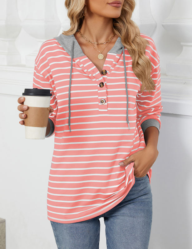 Pink Striped Contrast Button-up Drawstring Hoodie