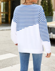 Blue Striped Splicing Side Slits Long Sleeve Sweatshirt