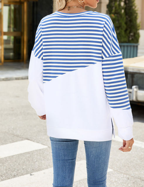 Blue Striped Splicing Side Slits Long Sleeve Sweatshirt
