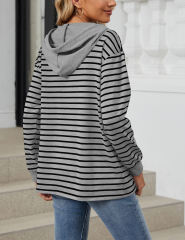 Light Gray Striped Contrast Button-up Drawstring Hoodie