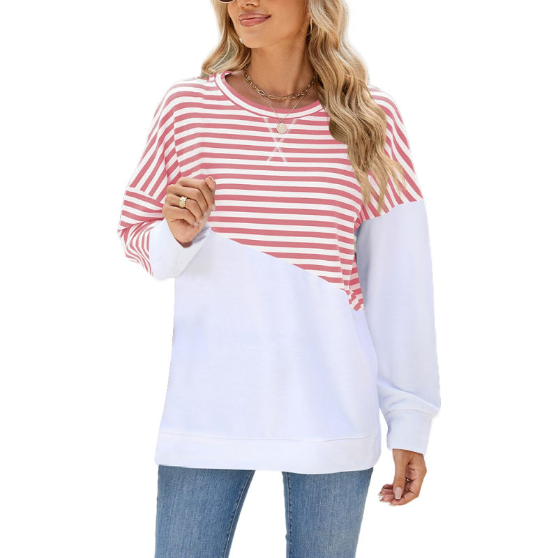 Pink Striped Splicing Long Sleeve Sweatshirt