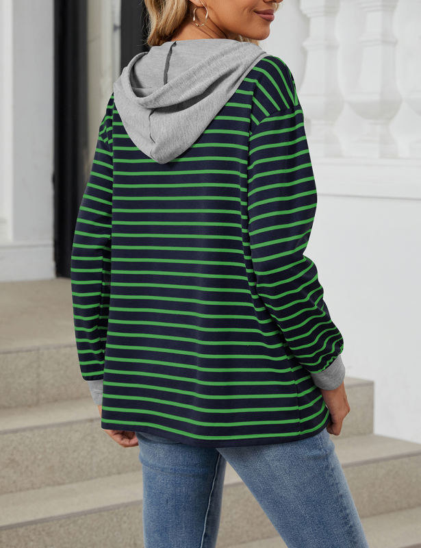 Green Striped Contrast Button-up Drawstring Hoodie