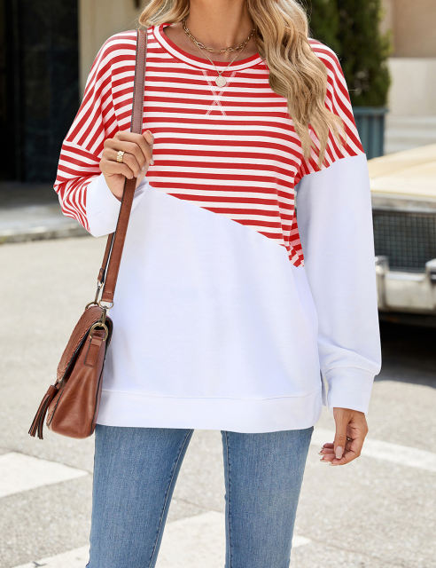 Red Striped Splicing Long Sleeve Sweatshirt