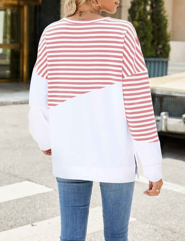 Pink Striped Splicing Long Sleeve Sweatshirt