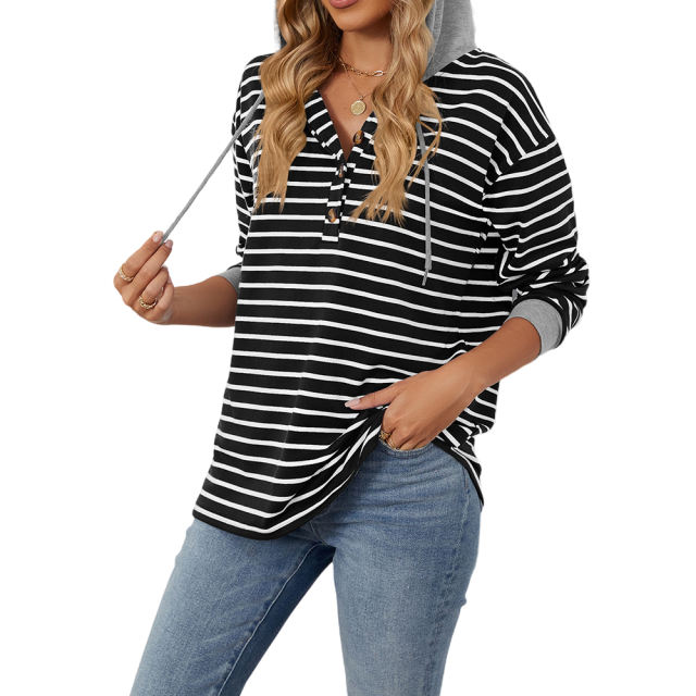 Black Striped Contrast Button-up Drawstring Hoodie
