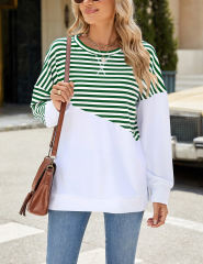 Green Striped Splicing Side Slits Long Sleeve Sweatshirt