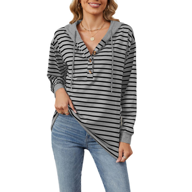 Light Gray Striped Contrast Button-up Drawstring Hoodie