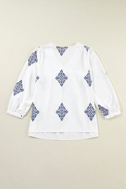 White Boho Geometric Print Bracelet Sleeve V Neck Blouse