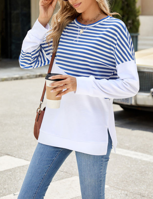 Blue Striped Splicing Side Slits Long Sleeve Sweatshirt