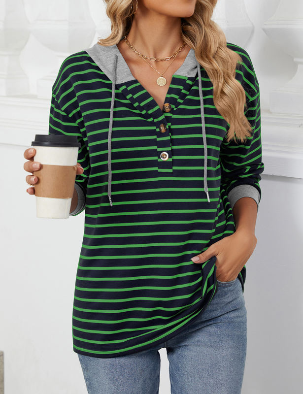 Green Striped Contrast Button-up Drawstring Hoodie