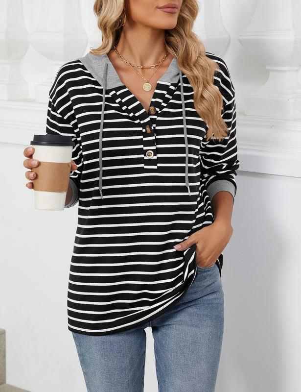 Black Striped Contrast Button-up Drawstring Hoodie