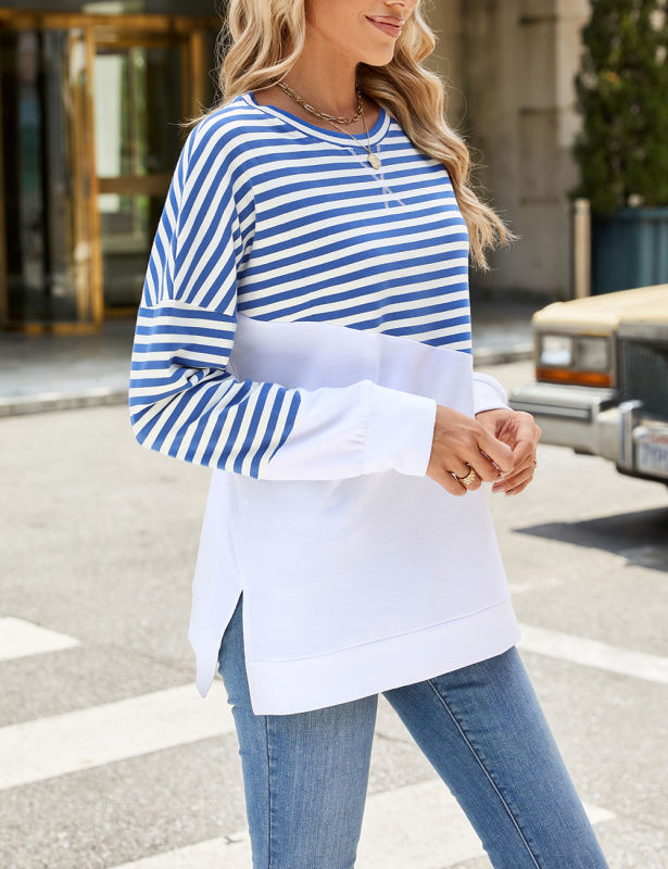 Blue Striped Splicing Side Slits Long Sleeve Sweatshirt
