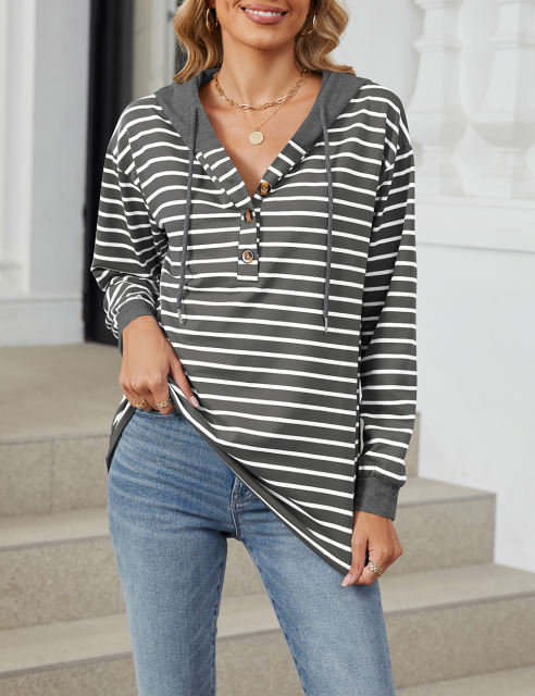 Dark Gray Striped Contrast Button-up Drawstring Hoodie