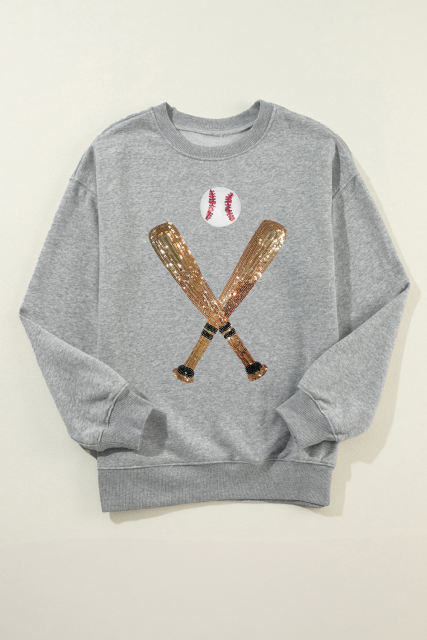 Gray Sequin Baseball Graphic Crewneck Game Day Sweatshirt