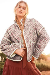 Pink Floral Print Contrast Edge Stand Neck Coat