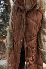Coffee Longline Quilted Stand Collar Puffer Vest