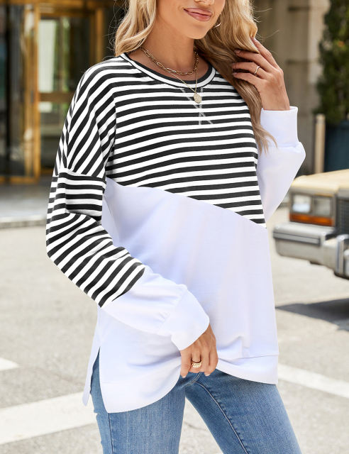 Black Striped Splicing Long Sleeve Sweatshirt