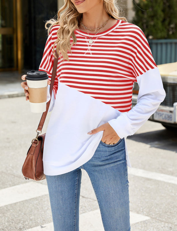 Red Striped Splicing Long Sleeve Sweatshirt