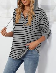 Light Gray Striped Contrast Button-up Drawstring Hoodie