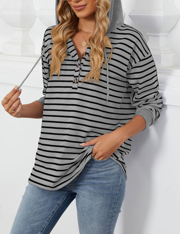 Light Gray Striped Contrast Button-up Drawstring Hoodie