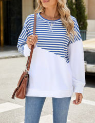 Blue Striped Splicing Side Slits Long Sleeve Sweatshirt