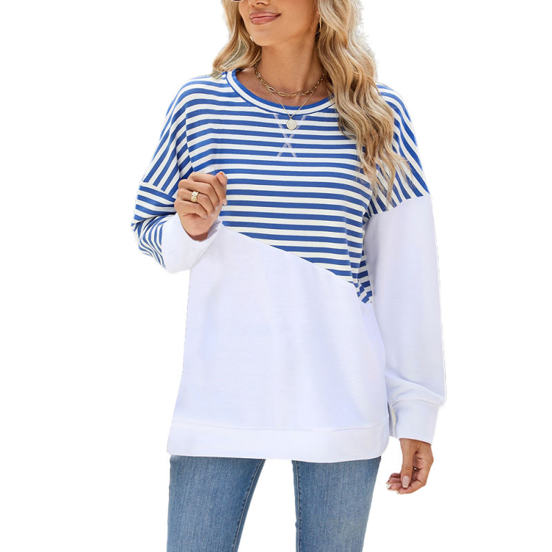 Blue Striped Splicing Side Slits Long Sleeve Sweatshirt