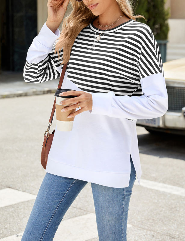 Black Striped Splicing Long Sleeve Sweatshirt