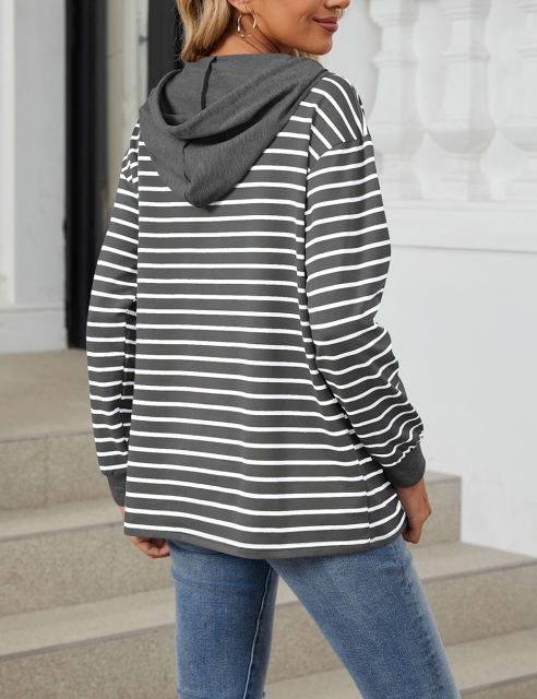Dark Gray Striped Contrast Button-up Drawstring Hoodie