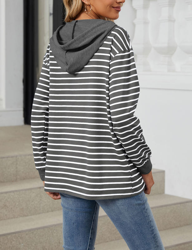 Dark Gray Striped Contrast Button-up Drawstring Hoodie