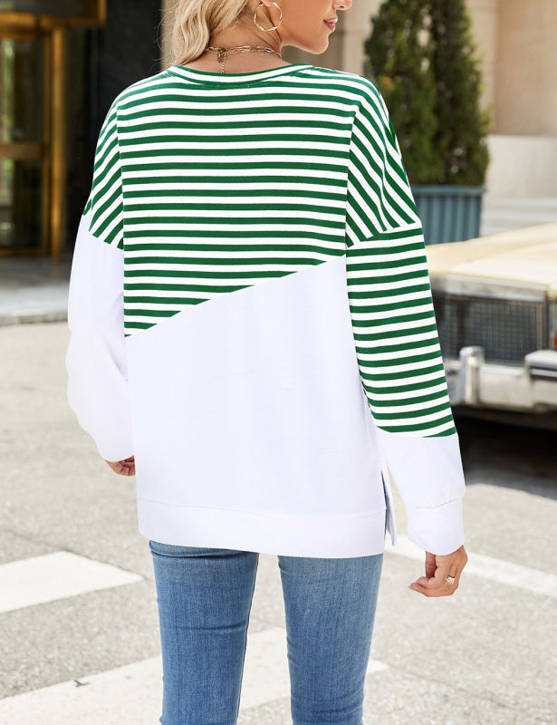 Green Striped Splicing Side Slits Long Sleeve Sweatshirt