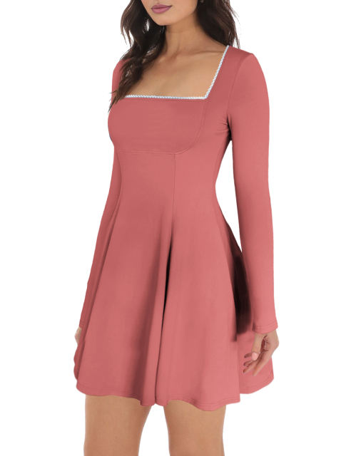 Pink Square Neck Slim Waist Long Sleeve Dress