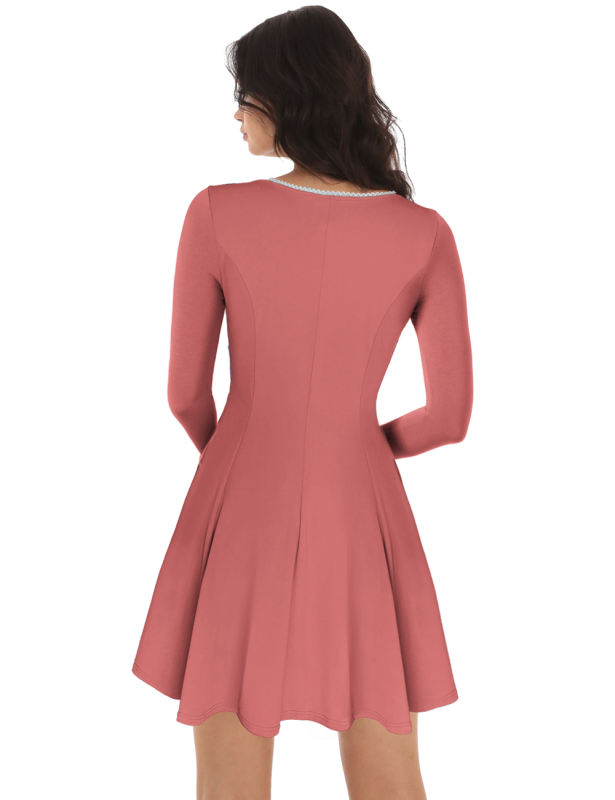Pink Square Neck Slim Waist Long Sleeve Dress