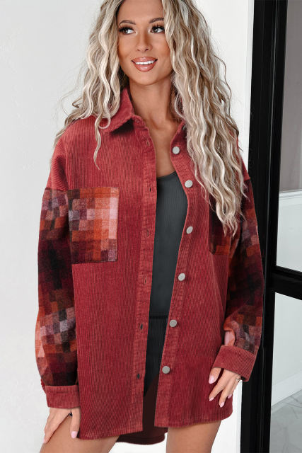 Gold Flame Checker Patchwork Raw Edge Oversized Corduroy Jacket