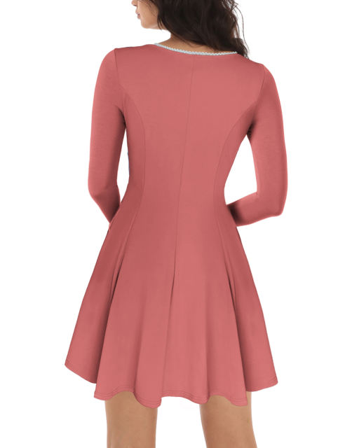 Pink Square Neck Slim Waist Long Sleeve Dress