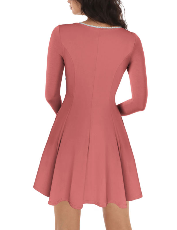Pink Square Neck Slim Waist Long Sleeve Dress