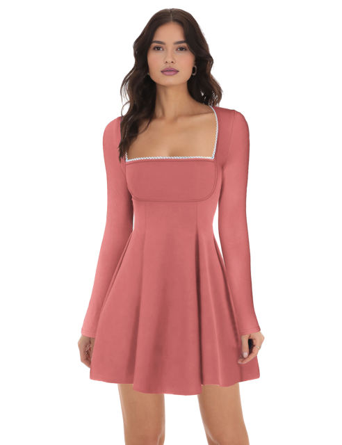 Pink Square Neck Slim Waist Long Sleeve Dress