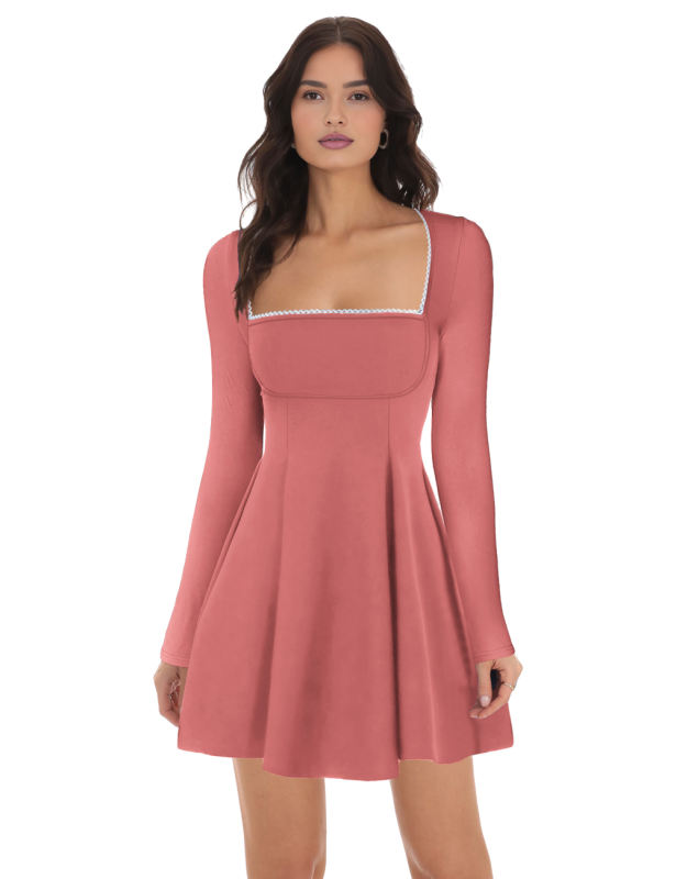 Pink Square Neck Slim Waist Long Sleeve Dress
