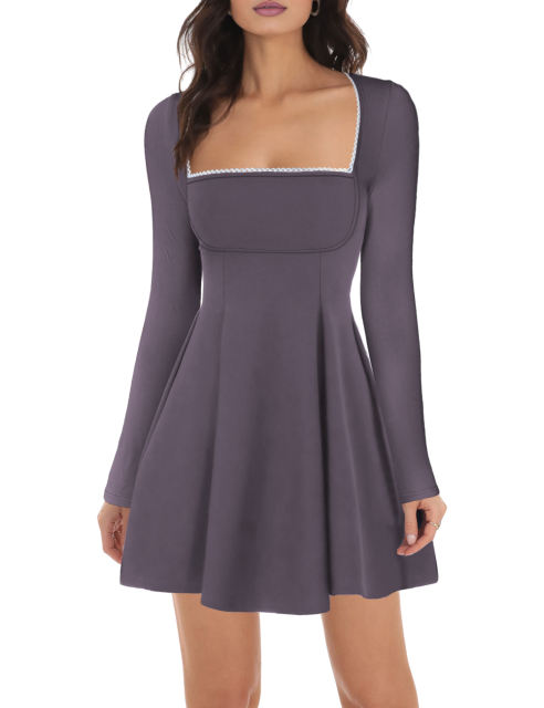 Gray Square Neck Slim Waist Long Sleeve Dress
