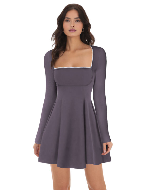 Gray Square Neck Slim Waist Long Sleeve Dress