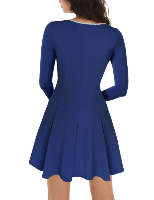 Royal Blue Square Neck Slim Waist Long Sleeve Dress