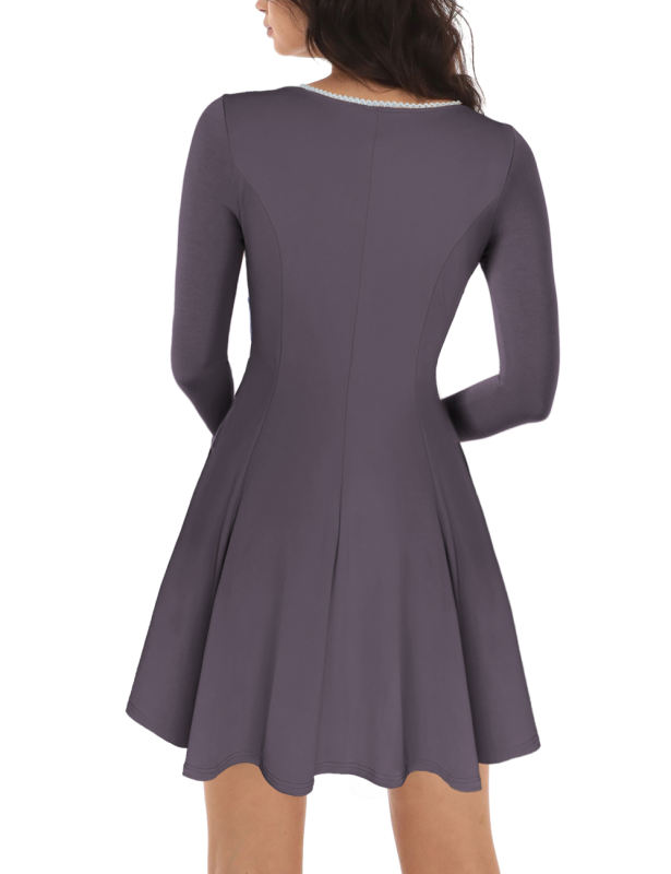 Gray Square Neck Slim Waist Long Sleeve Dress
