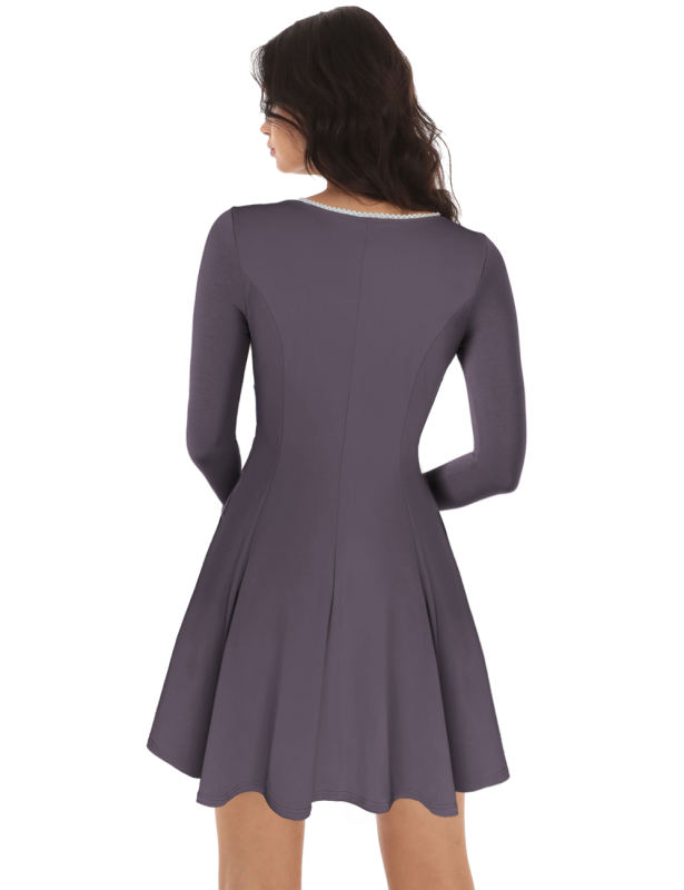 Gray Square Neck Slim Waist Long Sleeve Dress