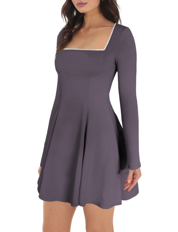 Gray Square Neck Slim Waist Long Sleeve Dress