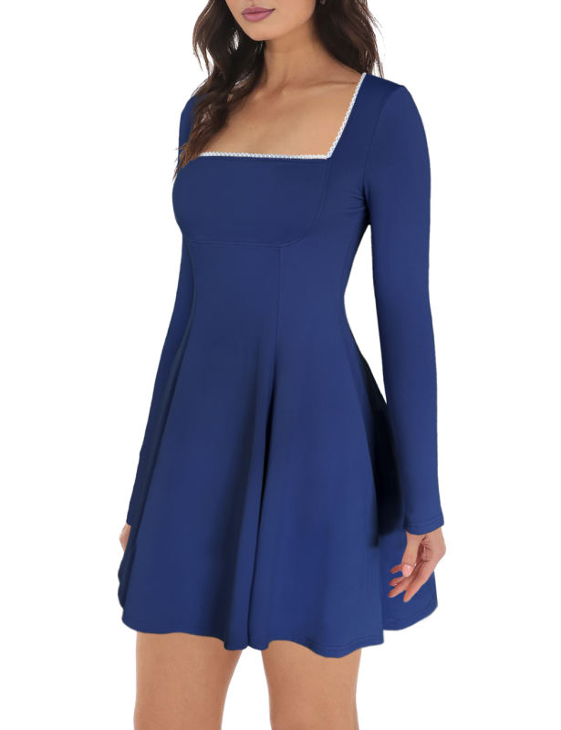 Royal Blue Square Neck Slim Waist Long Sleeve Dress