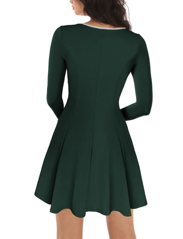 Dark Green Square Neck Slim Waist Long Sleeve Dress