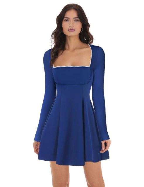 Royal Blue Square Neck Slim Waist Long Sleeve Dress